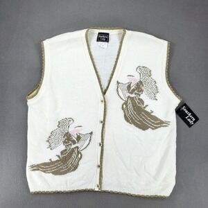 New‎ Southern Lady Womens XL Sweater Vest Beige Embroidered Angel Harp Metallic